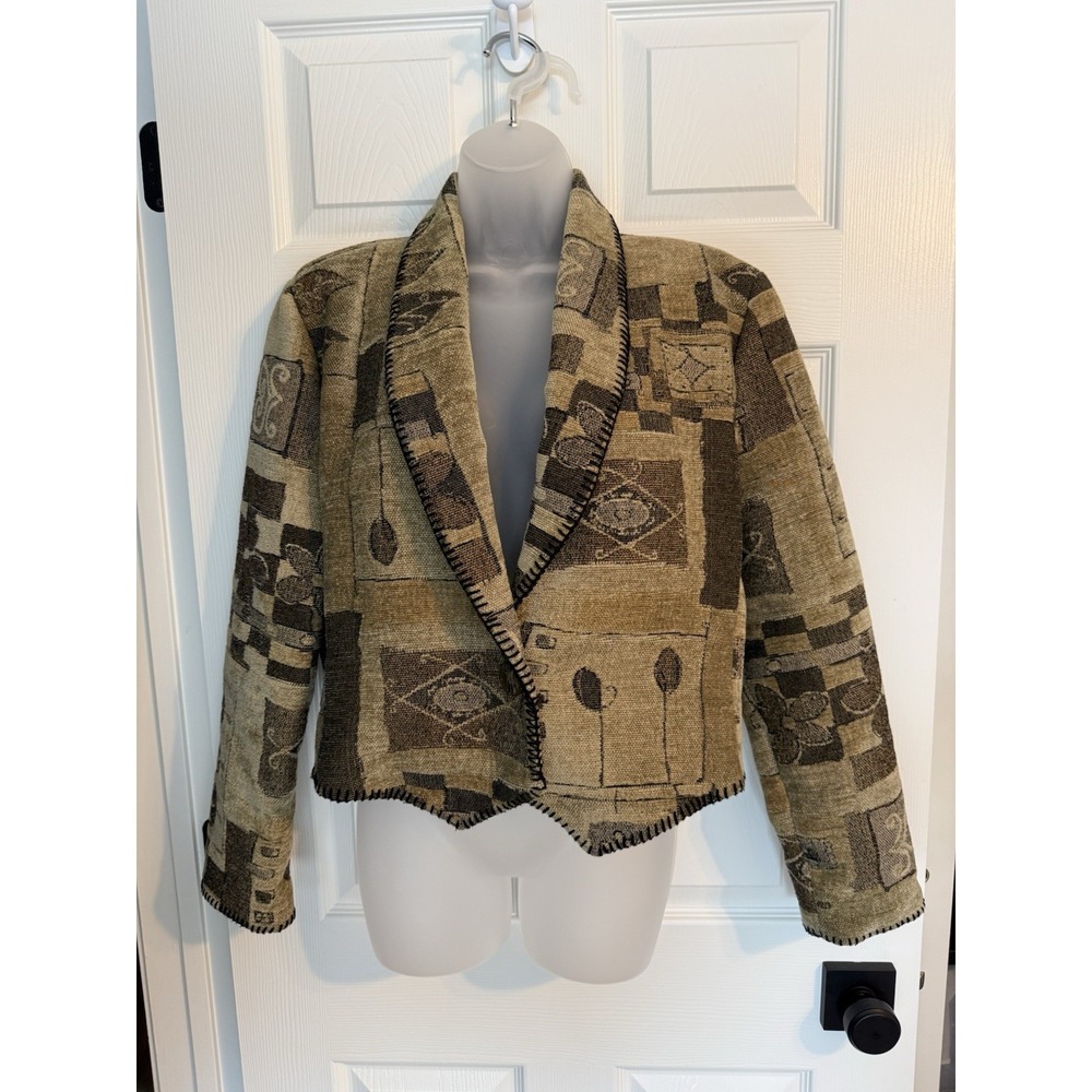 Vintage 90s Expose Beige Brown Patchwork Tapestry USA Cropped Blazer Jacket Sz M